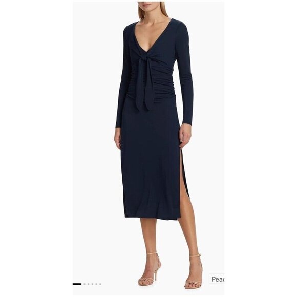 NEW Cinq à Sept Brenna Tie Front Long Sleeve Midi Dress Dark Teal Peacock Size 4 - Picture 2 of 14